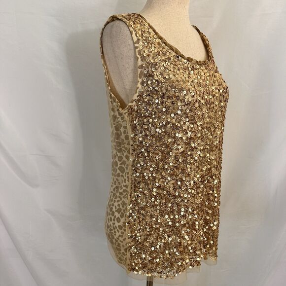 NEW Chico's Gold Sequin GLAM Fancy Mesh Shell Tank Top Animal Size 1 Medium - Picture 4 of 9
